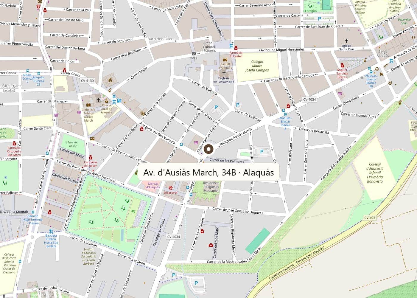 Mapa de Alaquàs con la exposición de Singular Parquet marcada en la avenida d'Ausiàs March, 34B