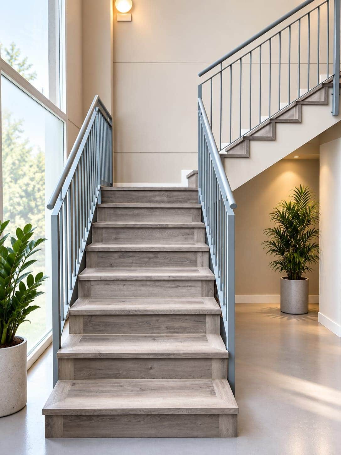 Escalera con barandilla gris y planta en la base, peldaños forrados en madera
