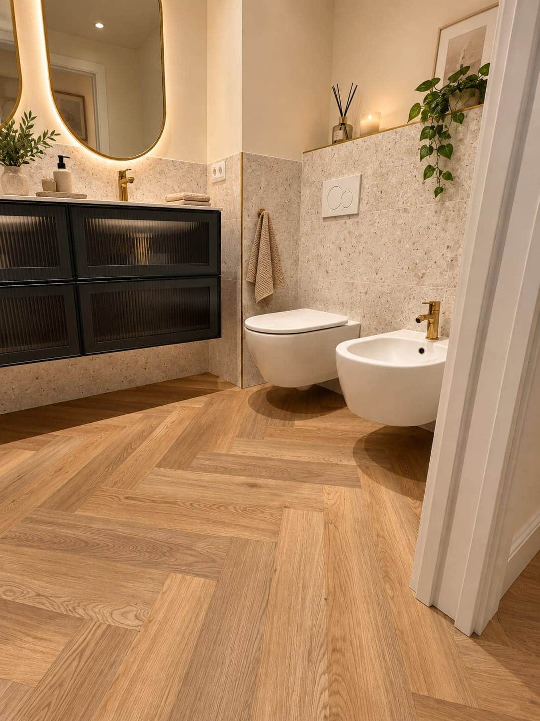 Baño con mueble negro y suelo vinílico en espiga