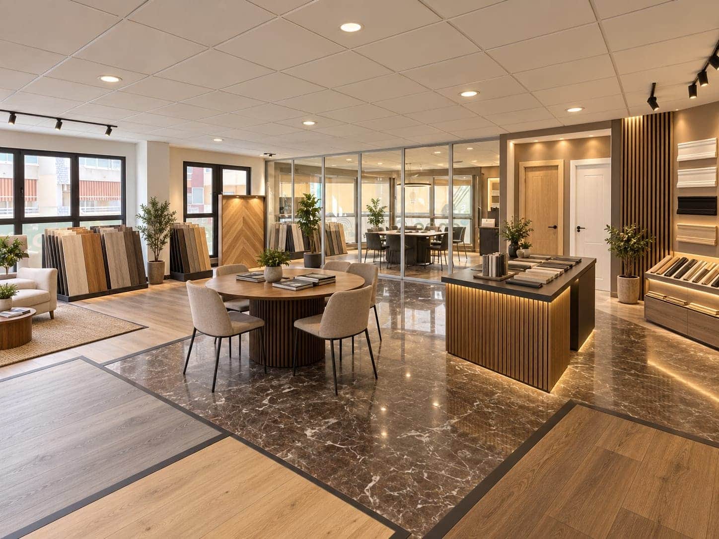 Exposición de Singular Parquet en Alaquàs con paneles de acabados y mesa de reuniones