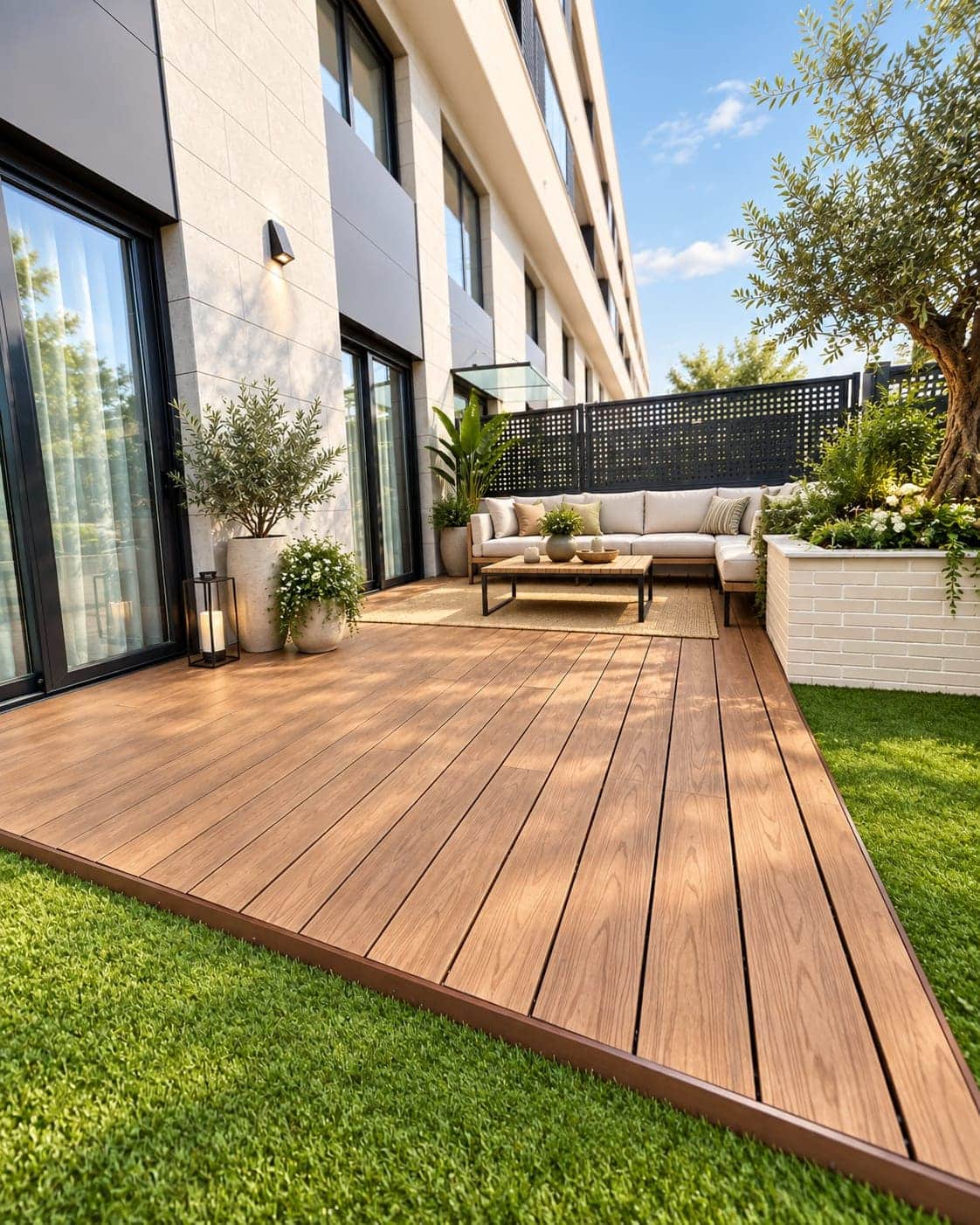 Terraza con tarima de exterior, zona de estar y césped artificial