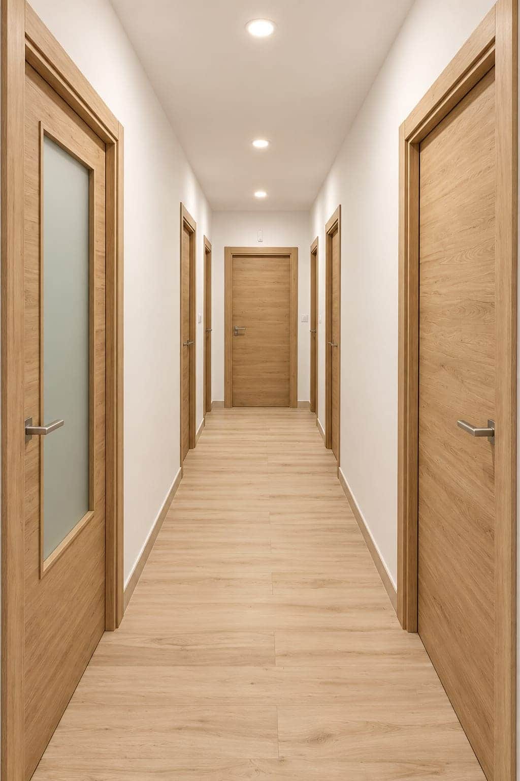 Pasillo con puertas de interior de madera clara y suelo a juego