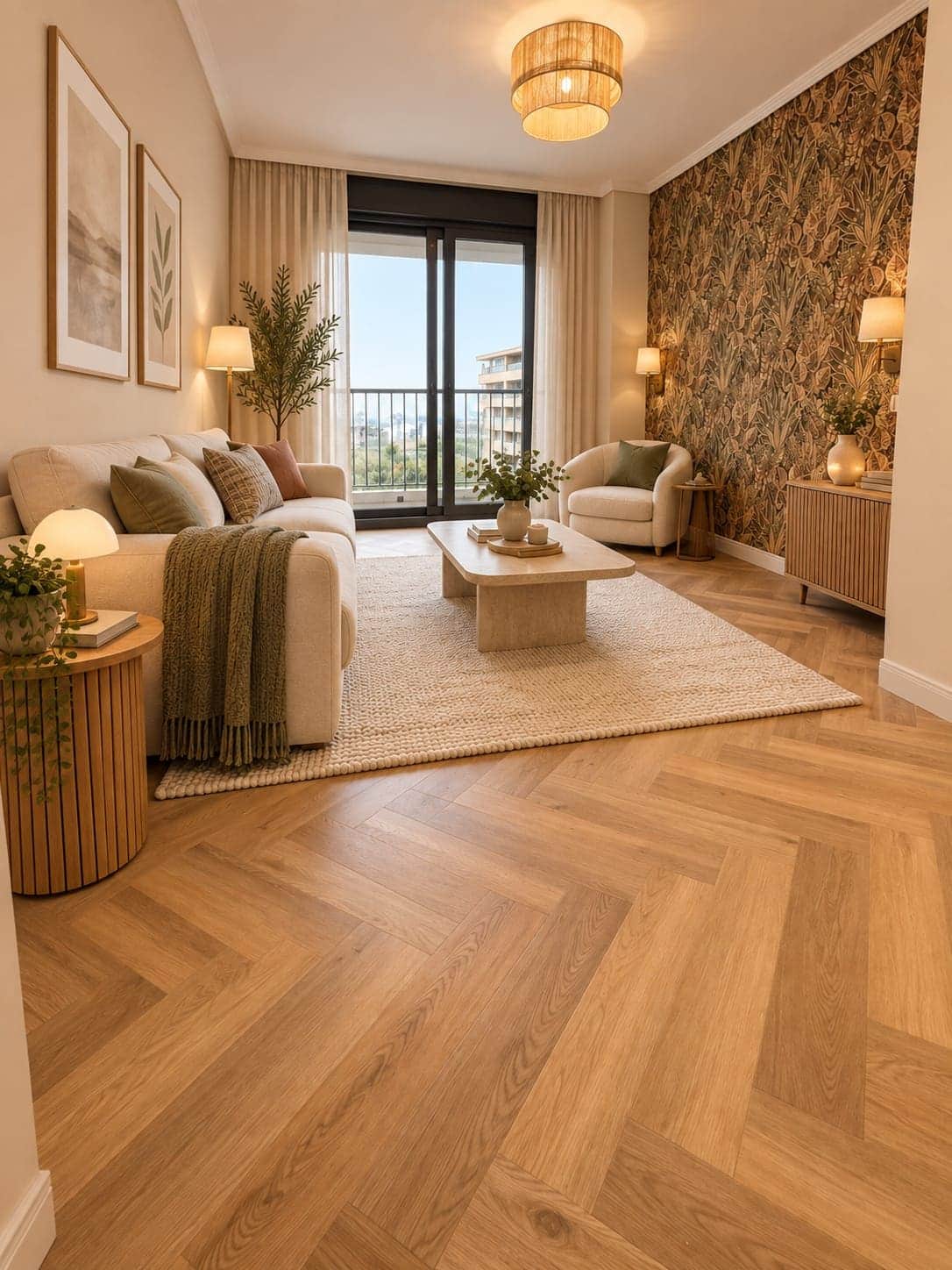 Salón con sofá claro, alfombra y suelo vinílico en espiga de roble